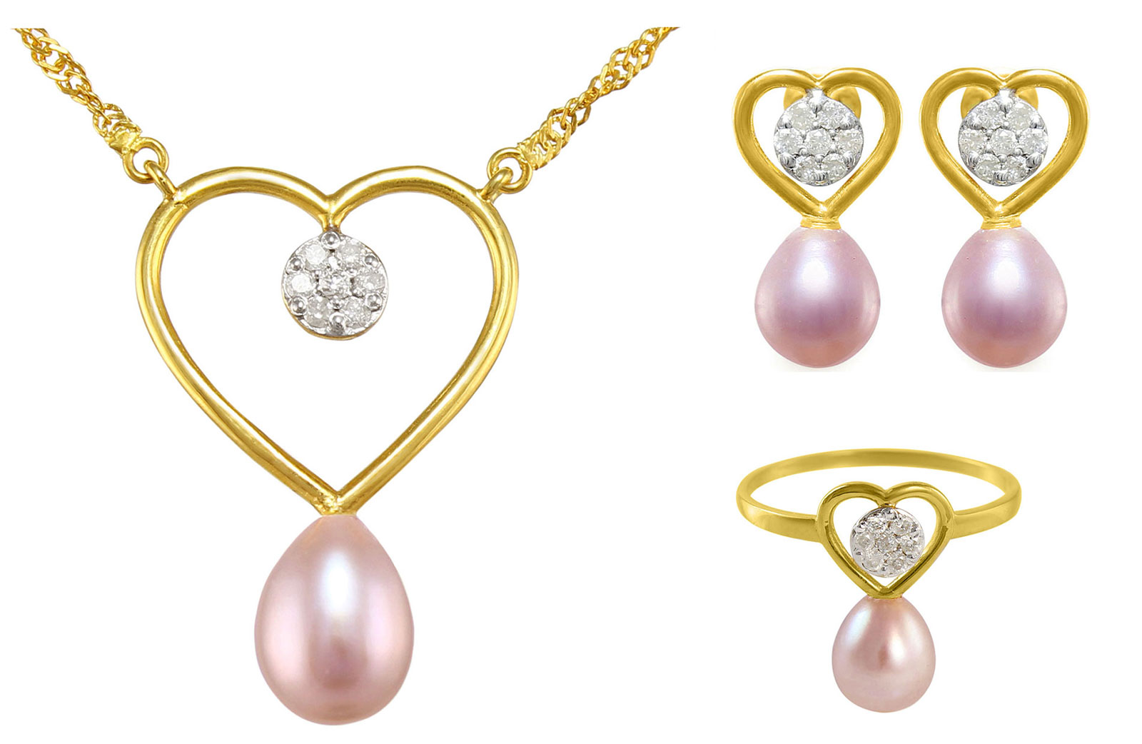 VP Jewels: 18k Solid Gold Diamonds 7mm Purple Pearls Solitaire Heart Earrings, Ring and Necklace Set